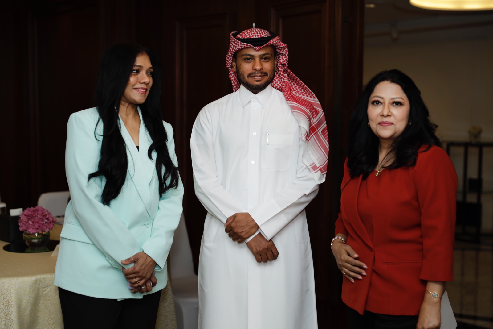 Banasri Brandon and guests with a speaker at Taj Dubai